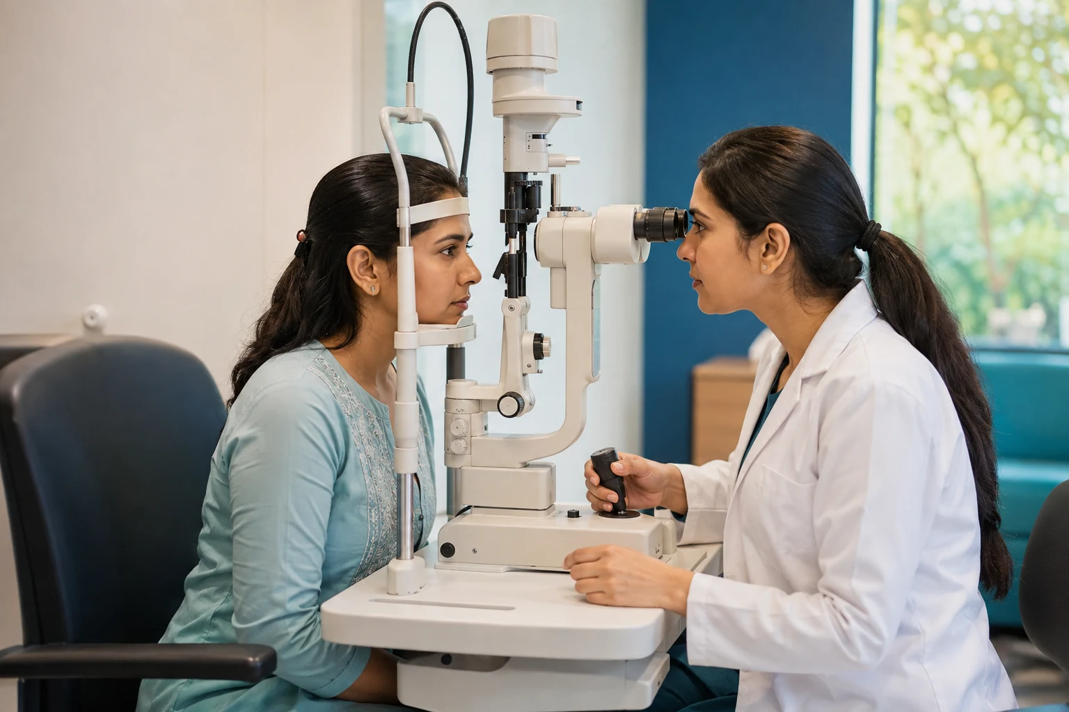 Illustrative optometrist conducting an eye examination