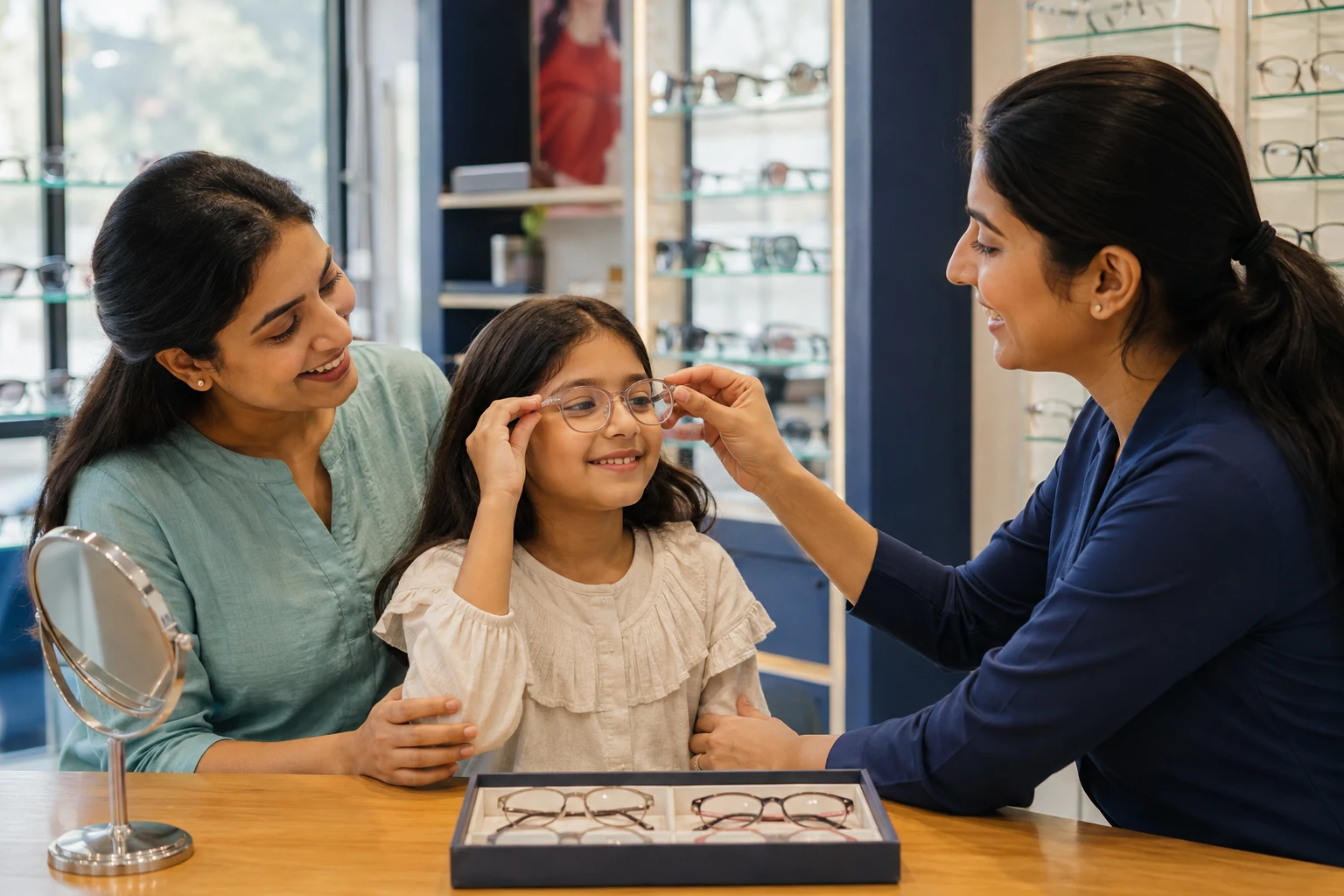 Mother and child selecting prescription glasses with an optical assistant