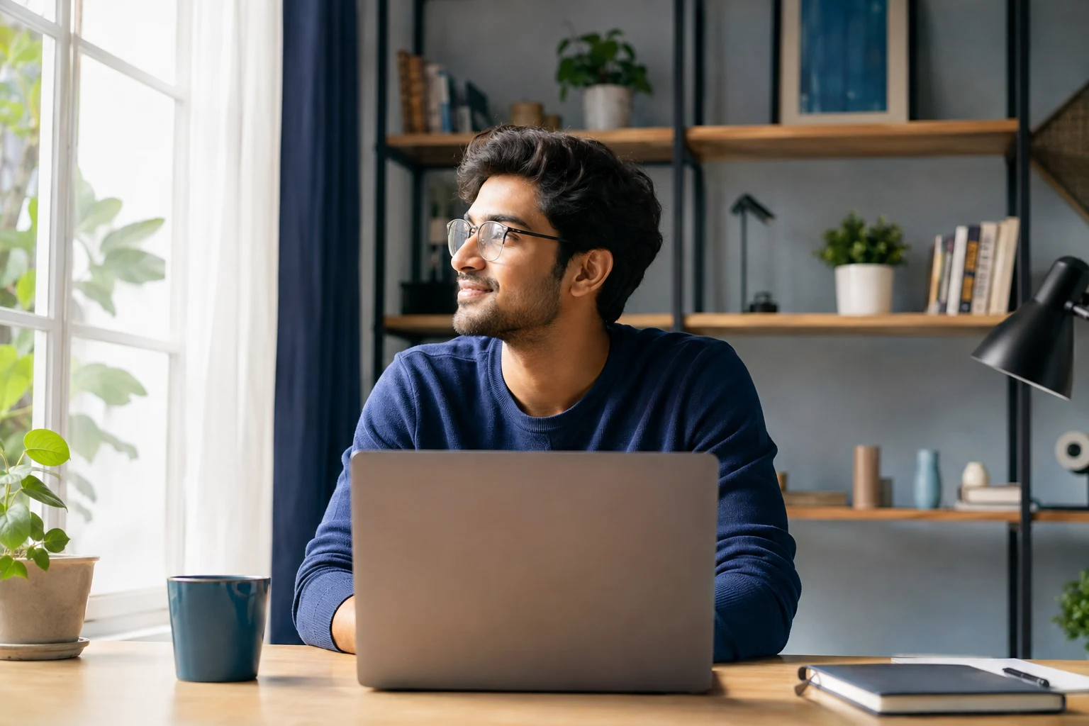 Man wearing glasses taking a break from his laptop